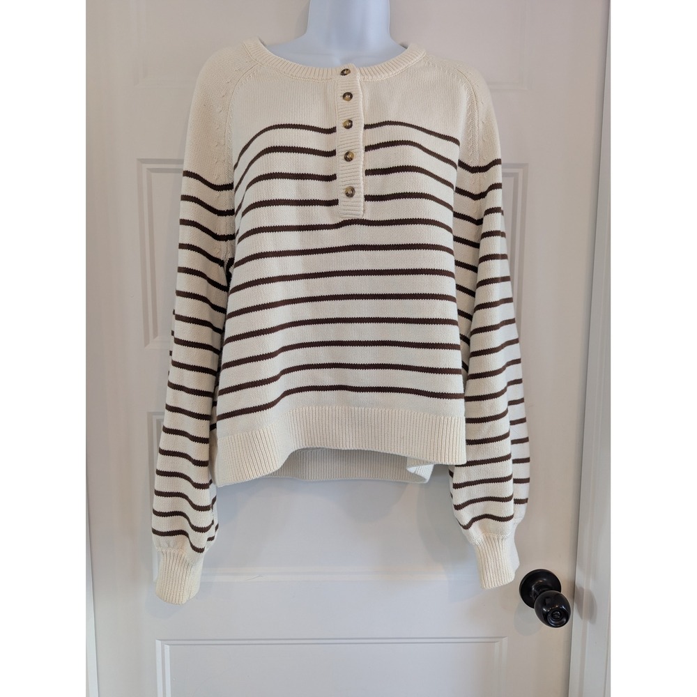 French Connection Mozart Striped Henley Sweater Cream Brown Cotton Size L